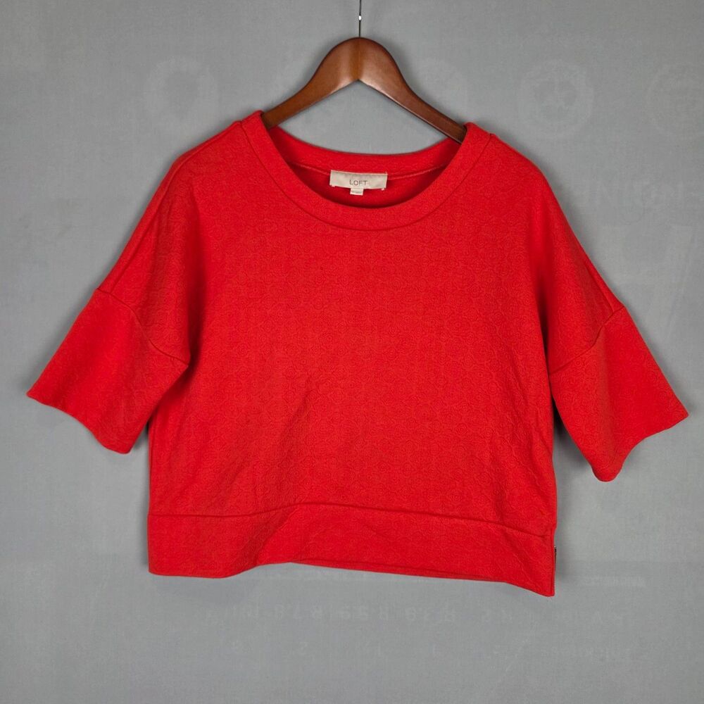 LOFT Red Damask Crop Top Business Casual Size Medium Boat Neck Capsule Wardrobe